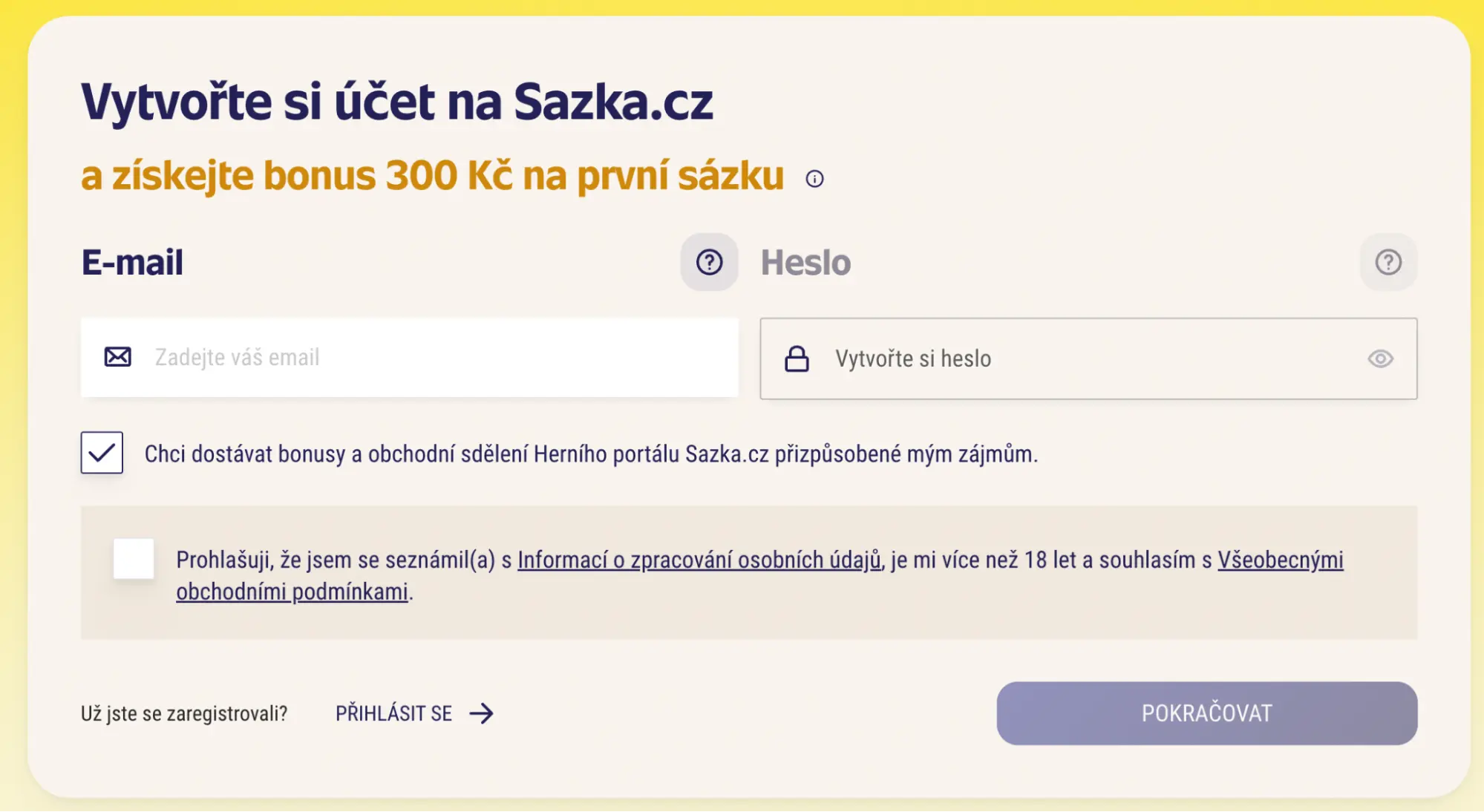Vytvoření účtu na herním portálu – zadejte e-mail, heslo a získejte bonus 300 Kč Registrační formulář pro vytvoření účtu s bonusem 300 Kč za první sázku